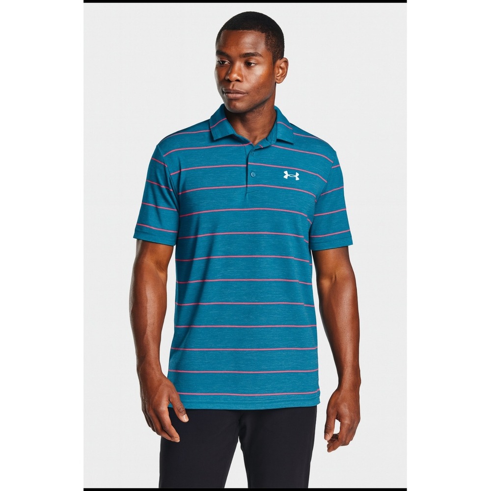 Under Armour Golf‎ Polo Shirt Striped HeatGear Performance Athletic Large